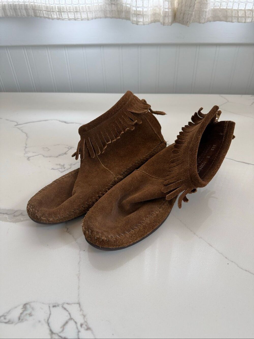 90s Vintage Minnetonka Brown Suede Zip Back Moccasins Womens 8 soft sole